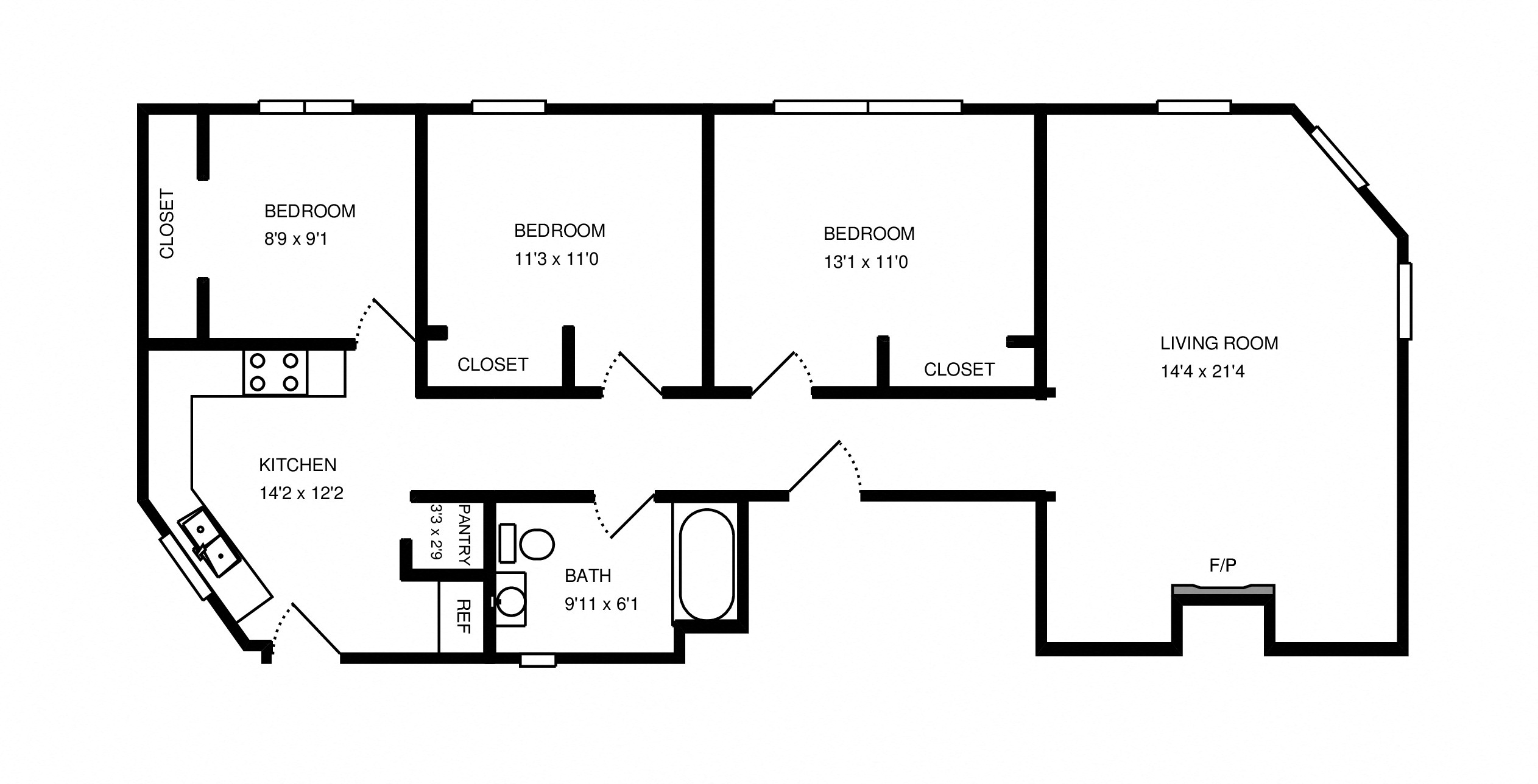 Floor plan for 3 beds, 1 bath, 952 sqft